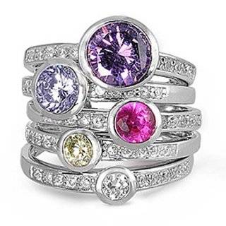 Five Band Sterling Silver Ladies Round Multi color Cubic Zirconia CZ 