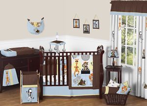 Blue Brown Animal Print Jungle Monkey Giraffe Elephant Baby Boy Crib Bedding Set
