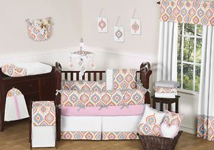 Pink Orange Turquoise White Gray Retro Baby Girl Cheap Discount Crib Bedding Set