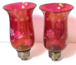 Pair Cranberry Etched Glass Hurricane Lamp Shades Chimney Sterling Silver Base