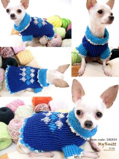 Handmade Hand Knit Crochet Dog Puppy Blue Dress Apparel Clothing Sweater D854