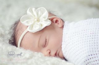 Ivory Satin Pearl Flower Girls Baby Hair Headband Christening Lilly Belle