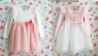 Lovely Kids Toddlers Girls Princess Pink White Long Sleeves Tutu Dress AGE2 7Y