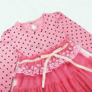 Girl Kid Polka Dots Long Sleeve Party Tulle Dress High Waist Lace Bowknot Sz 3 7
