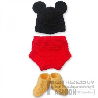 3pcs Baby Boy Girl Mickey Mouse Hat Botton Boots Crochet Knit Infant Outfit