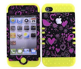3 IN 1 HYBRID SILICONE COVER FOR APPLE IPHONE 4 4S HARD CASE SOFT YELLOW RUBBER SKIN HEARTS YE TE371 KOOL KASE ROCKER CELL PHONE ACCESSORY EXCLUSIVE BY MANDMWIRELESS: Cell Phones & Accessories