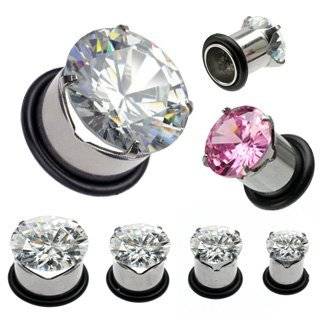 316L Surgical Steel Prong Set   CZ Single Flare Tunnels with 1 Black 0 